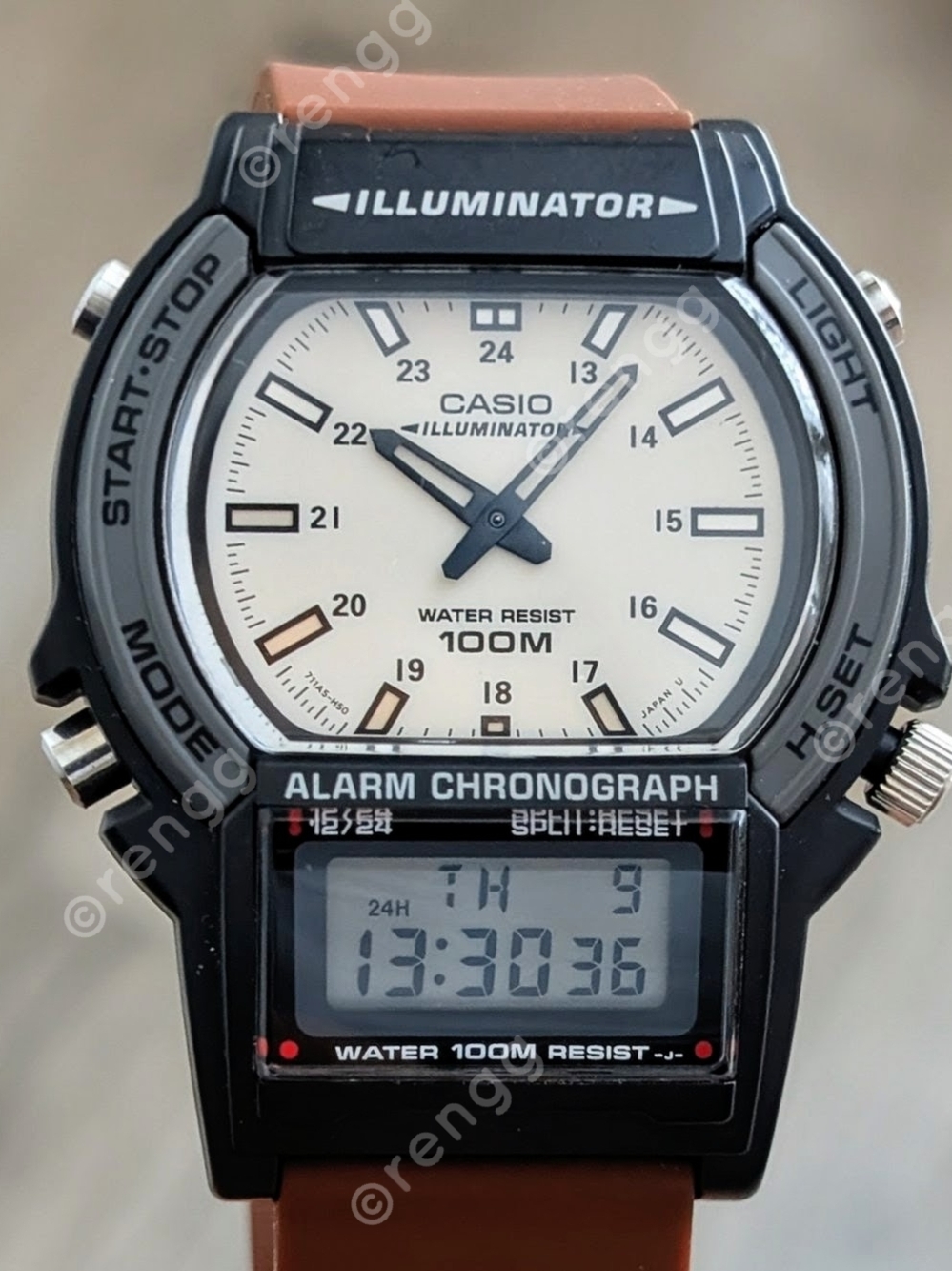 Rare Vintage Casio Illuminator Dual-Display Watch - White Dial, Brown Band